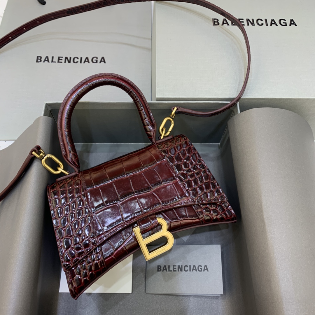 Balenciaga Hourglass XS Handbag Crocodile Embossed Shoulder Bag Dark Brown